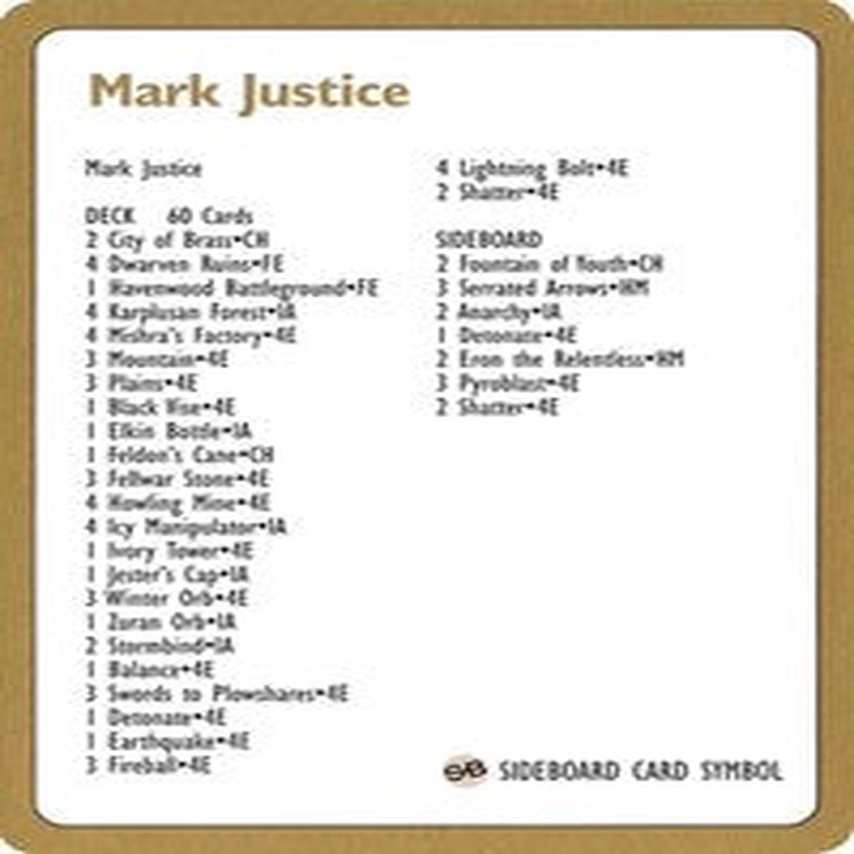 1996 Mark Justice Decklist Card [World Championship Decks] - Near Mint/Excellent