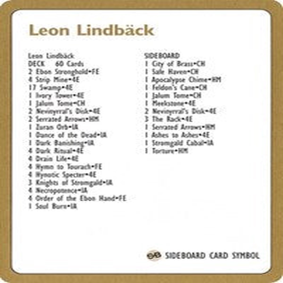 1996 Leon Lindback Decklist Card [World Championship Decks] - NM